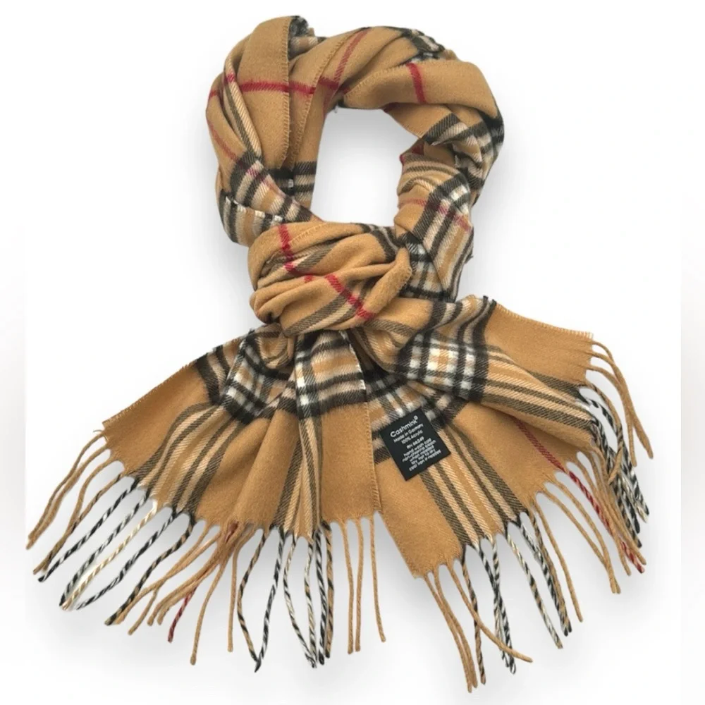 FRAAS CASHMINK Fringe Scarf Unisex Men&Women Plaid Tan Black Red White 10x72